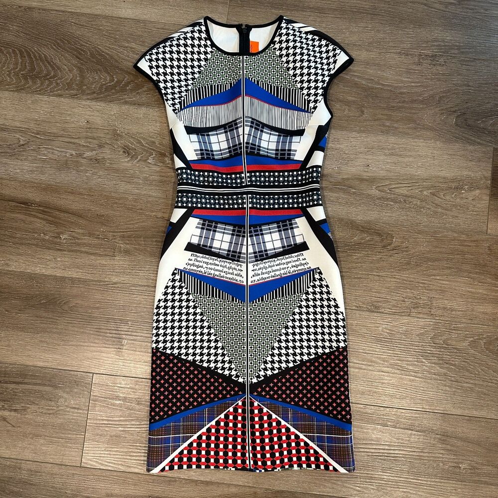 Graphic Optical Print Cap Sleeve Stretch Neoprene Bodycon Sheath Dress Size XS